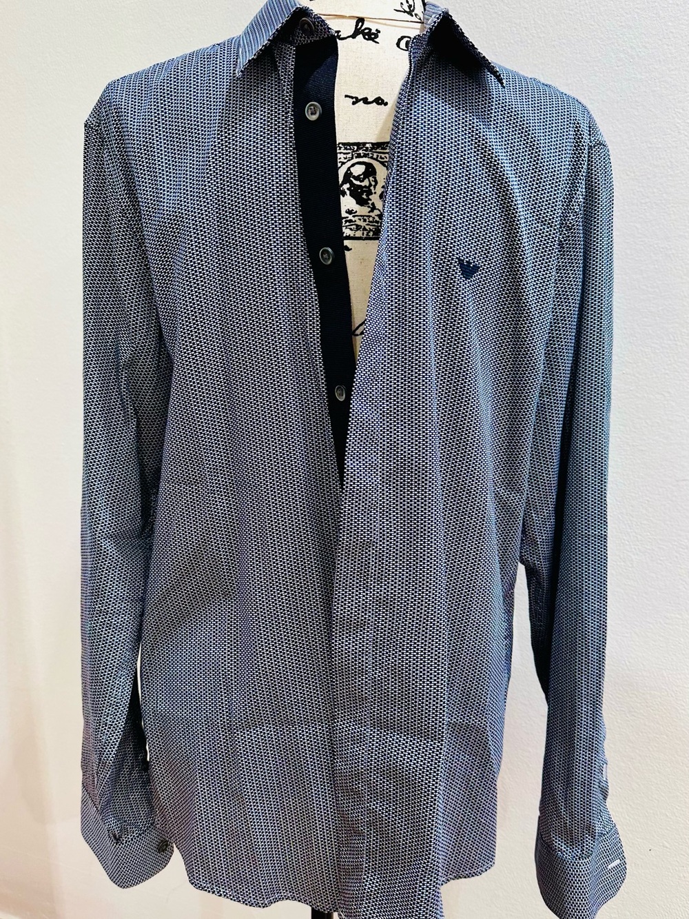 Emporio Armani Navy and White Micro-Pattern Button-Down Shirt